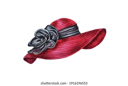 Elegant female red hat with a black bow isolated on a white background. Watercolor. Illustrations. Hand drawn. Fashion sketch. Closeup. Art print. Template.

