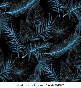 Elegant ficus leaves tropical seamless watercolor pattern. Exotic jungle plant foliage illustration. Tropical leaves fashionable painted seamless pattern. Fashionable print design.