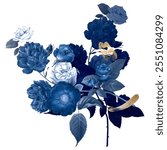 Elegant floral arrangement with blue roses and leaves. Blue flowers and foliage create a serene, artistic floral design. Blue tones dominate the floral composition. Vintage illustration isolated.