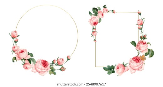 Elegant floral frames with pink roses. Circular and square designs feature roses and green leaves. Perfect for invitations, cards, and floral-themed projects. Elements with copy space isolated. - Powered by Shutterstock