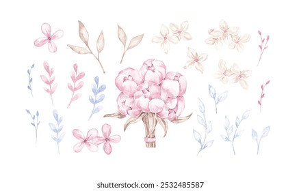 Elegant floral set hand drawn with watercolor. Light pink, beige, purple leaves and flowers. Printable clip art isolated on white. Design elements for card, invitation, banner - Powered by Shutterstock