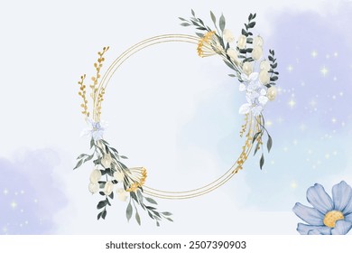 Elegant Floral Wreath with Delicate Blue and White Flowers on a Soft Pastel Background. elegant floral wreath design features delicate blue and white flowers with golden accents, set against a soft pa - Powered by Shutterstock