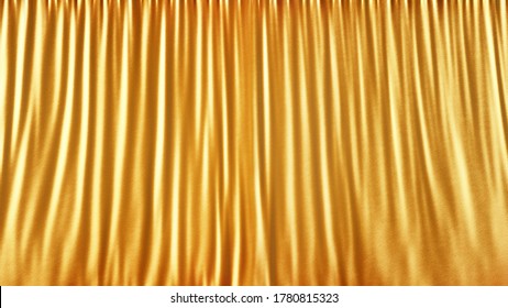 Elegant Gold Stage Cloth Curtain Abstract Background. Gold Satin Or Silk Background. Light Gold Fabric Curtain. 3d Rendering.