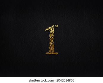 Elegant Golden Metal Numbers. 1. Gold Number Floral Text Effect. 3D.