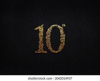 Elegant Golden Metal Numbers. 10. Gold Number Floral Text Effect. 3D.