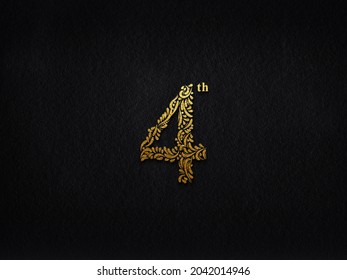 Elegant Golden Metal Numbers. 4. Gold Number Floral Text Effect. 3D.