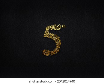 Elegant Golden Metal Numbers. 5. Gold Number Floral Text Effect. 3D.