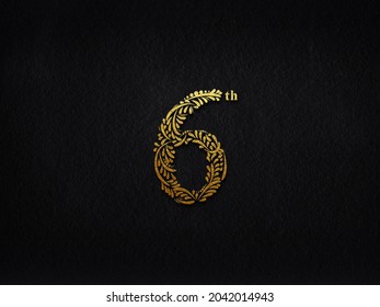 Elegant Golden Metal Numbers. 6. Gold Number Floral Text Effect. 3D.