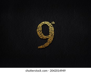 Elegant Golden Metal Numbers. 9. Gold Number Floral Text Effect. 3D.