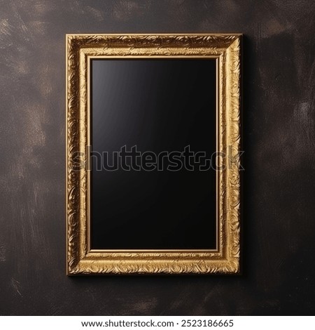 Elegant golden picture frame in a rectangular shape made of woodon black background 3D illustration. Stylish design for any rooms decor. Striking golden picture frame 