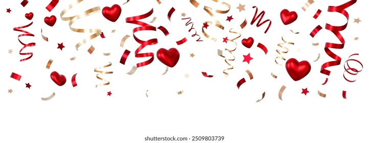 Elegant header with red hearts, golden and red ribbons, confetti, perfect for festive, romantic themes, isolated on white background. Celebration of love. Top of page. Glitter. 3D Illustration - Powered by Shutterstock