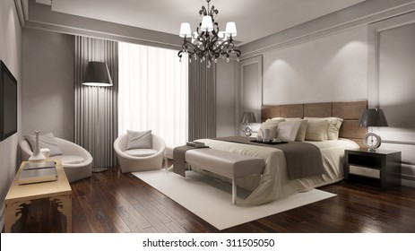 Elegant Hotel Room Suite With Double Bed And Other Furniture (3D Rendering)