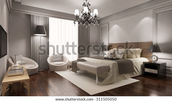 ダブルベッドと他の家具とエレガントなホテルの部屋スイート 3dレンダリング のイラスト素材