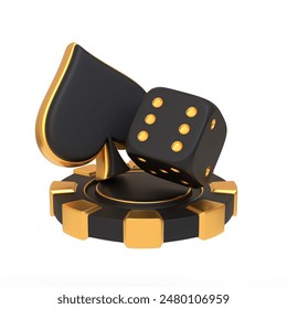 Elegant image of golden-accented dice, spade, and poker chip, symbolizing luxury in gambling and casino games on a white background. 3D render illustration - Powered by Shutterstock