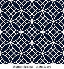 Elegant Japanese Geometric Pattern Traditional Motif Dark Blue Seamless Geo Background. Abstract Round Shape Modern Geometrical Fabric Design Textile Swatch Ladies Dress, Man Shirt Allover Print Block