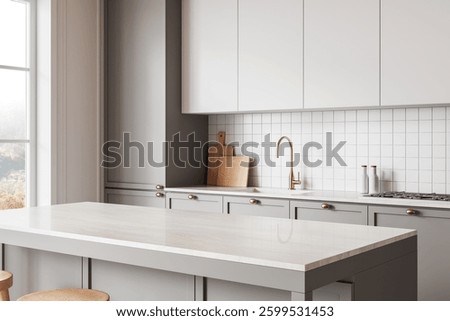 Elegant kitchen interior with light gray cabinets, white countertops, and gold fixtures. Wooden stools and cutting boards add warmth. 3D Rendering