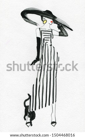  elegant lady and black cat. fashion illustration. watercolor painting
