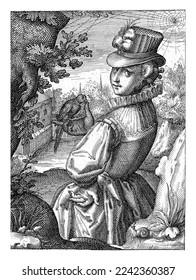 An elegant lady  half  length in the open air  holds bird in her hand   looks over her left shoulder at the viewer 