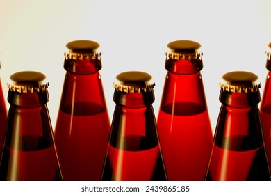 An elegant lineup of sealed amber glass bottles featuring golden caps, presented on a pristine white background, ideal for beverage or craft beer packaging. - Powered by Shutterstock