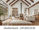 Elegant living room interior with fireplace, hardwood flooring, beautiful furniture and rafter ceiling, 3d rendering 