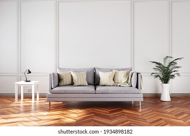 Elegant Living Room Interior With Single Vintage Sofa In Front Of White Wall; Copy Space; 3D Illustration