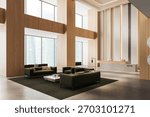 Elegant lobby interior with green sofas, wooden panels, marble coffee table, large glass windows, and minimal decor. 3D Rendering