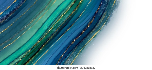 Elegant And Luxurious Illustration Background Banner Of Alcohol Ink Art, Blue And Green Agate Style Pattern With Gold Lines And Gold Dust Decoration