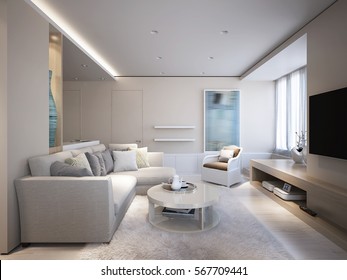 Elegant and luxurious light open living and dining room with white walls, bright stone floors and large white glossy wardrobe. 3d render.
