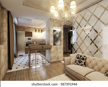 Elegant and luxurious modern living room interior design chocolate, beige and gold colors. 3d render.