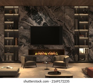 Elegant And Luxury Interior Living Room With Night Lighting And Tv Wall. 3d Render Illustration Bright Color Apartment Design With Fireplace.