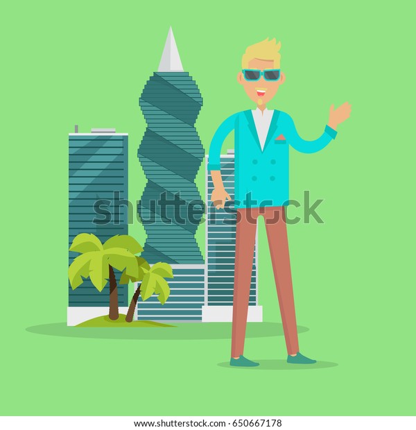 Elegant man standing near skyscrapers in\
tropical country. Rich blond guy in sunglasses in front of urban\
fashionable buildings. Successful businessman on rest. Young person\
in stylish\
apparel.