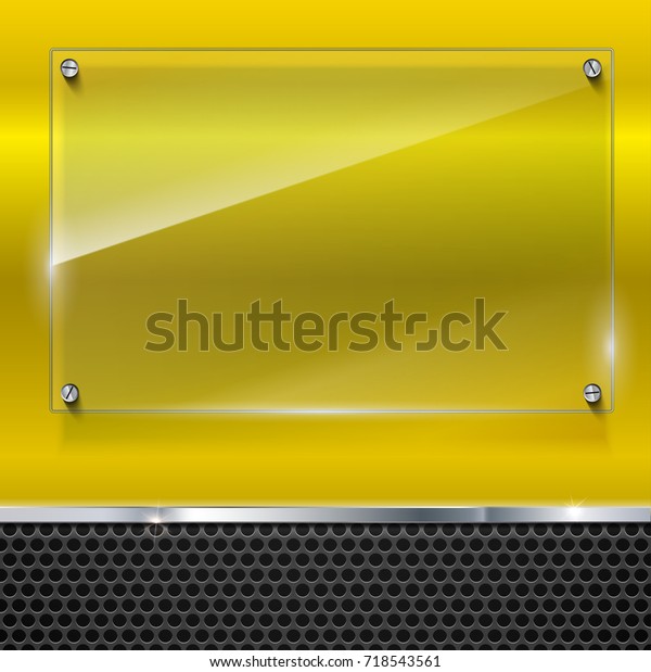 Elegant\
metallic background with glass banner. Color polished texture with\
highlights and glow on the yellow background of metal mesh. 3D\
illustration for car shop or garage\
design