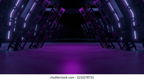 Elegant Modern Alien Fashion Dance Club Showroom Hallway Tunnel Corridor Concrete Cyber Virtual Gate Night Violet Abstract Background Arc 3D Illustration