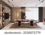 "Elegant Modern Dining Room with Luxury Chandelier and Designer Furniture"