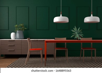 Elegant And Modern Dinning Room Interior Design Setting With Dark Green Wall, Orange Table And Chairs And Wooden Furniture