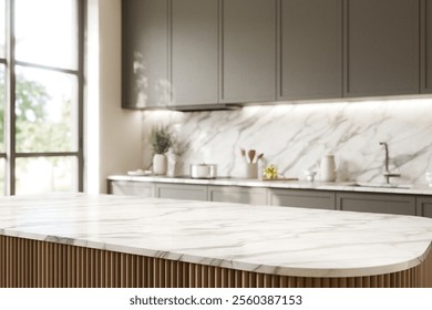 Elegant Modern Kitchen with Marble Counter top. Blurred kitchen background. 3d render.