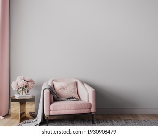 Elegant Modern Living Room Design, Wall Mockup In Pink And Gray Home Decor, 3d Render, 3d Illustration