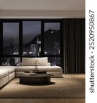 Elegant and modern living room showcasing a stunning city view in the enchanting night time, 3d rendering. 3D Illustration