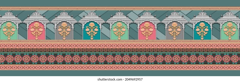 Elegant Mughal Border With Multicoloured Boxes And Supporting Borders For Textile Suits And Sarees