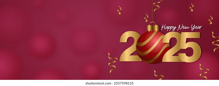 Elegant New Year banner featuring "2025" in bold gold numbers with a red ornament as the "0," golden streamers, and a festive maroon background. Text reads "Happy New Year" in a script font. - Powered by Shutterstock