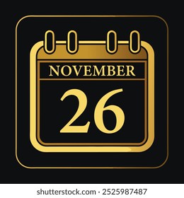 Elegant November 26 Calendar Icon in Gold on Black Background - Powered by Shutterstock