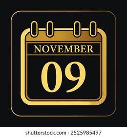 Elegant November 9 Calendar Icon in Gold on Black Background - Powered by Shutterstock