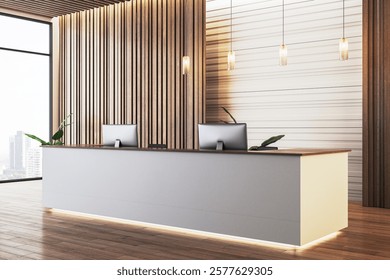 Elegant office reception desk with wooden panels, hanging lights, light background, city view through glass. Corporate interior concept. 3D Rendering.