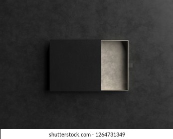 Elegant Open Black And Gold Gift Box Mockup On Black Background. Luxury Packaging Box For Premium Products. Empty Opened Box. 3d Rendering