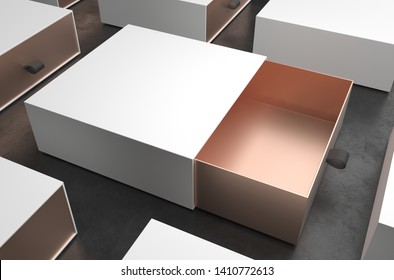 Elegant Open White And Gold Gift Box Mockup On Black Background. Luxury Packaging Box For Premium Products. Empty Opened Box. 3d Rendering