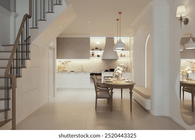 Elegant Open-Plan Kitchen and Dining Area with Under-Stair Storage and Modern Lighting