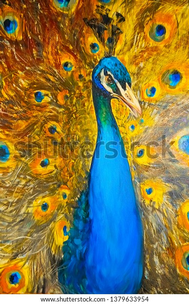 美しく華麗な尾と羽を持つ優美な孔雀 この鳥は 異常な対比色で 暖かい黄色の影と青緑色で細部を描いています キャンバスに油絵 のイラスト素材