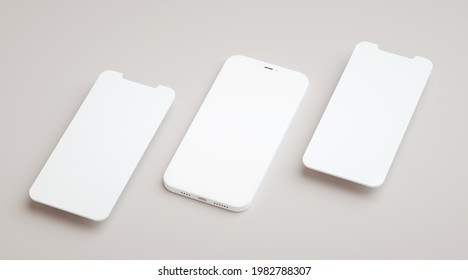 Elegant Phone Mockup And Two Screens Floating In 3D Rendering. App Interface, Ux Ui, And Web Design Presentation Concept