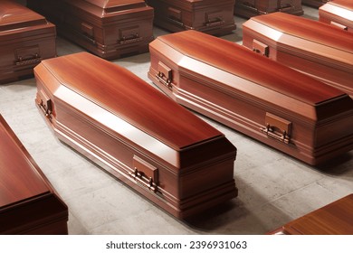 Elegant Polished Wooden Coffins on Display in Funeral Home Showroom. 3D Illustration - Powered by Shutterstock