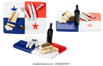 Elegant presentation of Panama gastronomy: artisanal cheeses, traditional meats, and fine wine atop the national flag. - Powered by Shutterstock